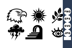 Set of six black silhouette symbols including eagle head, su Product Image 1