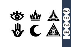 Esoteric symbols including eye, crown, crescent moon, hand, Product Image 1