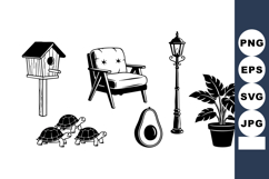 Birdhouse chair lamp avocado plant and turtles vector set wi Product Image 1