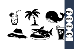 Tropical summer icons with palm tree, whale, shark, drinks, Product Image 1