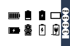 Battery icons set with various charge levels and power symbo Product Image 1