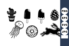 Black and white vector icons of cactus jellyfish donut ice c Product Image 1