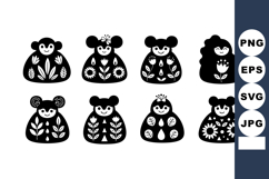 Cute monkey silhouettes with floral patterns vector set for Product Image 1