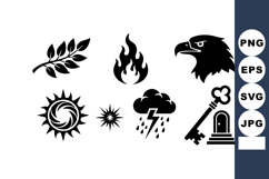 Set of black silhouette icons including eagle head, fire fla Product Image 1