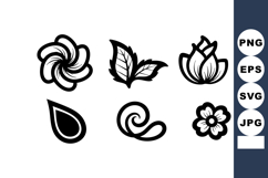 Six simple black and white floral and leaf nature themed vec Product Image 1