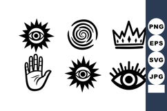 Mystic hand sun eye crown spiral symbols set in black vector Product Image 1