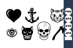 Collection of black spooky icons including heart anchor cat Product Image 1