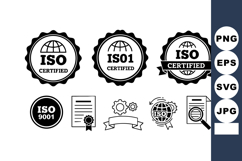 ISO certification icons set with globe and document symbols Product Image 1