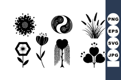 Black silhouette floral design elements with yin yang and va Product Image 1