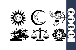 Sun moon cupid scales flowers vector icons set with black si Product Image 1