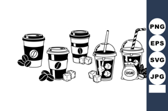 Coffee cups with ice cubes and sugar jar black and white vec Product Image 1