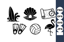 Beach and summer vacation icons with surfboard seashell map Product Image 1