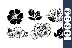Black and white flower silhouettes with leaves vector set fo Product Image 1