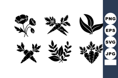 Vector black silhouette icons of carrots, leaves, and flower Product Image 1