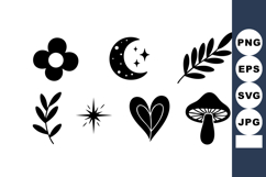 Simple black silhouette icons of flower moon star leaf heart Product Image 1