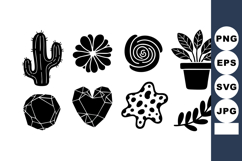 Black silhouette cactus flower swirl star plant leaves geome Product Image 1