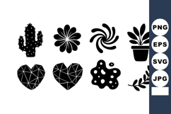 Black silhouette vector icons of cactus, flower, swirl, pott Product Image 1