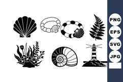 Black and white marine elements collection with shells seawe Product Image 1