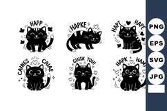 Cute black cartoon cats with happy emotions and hearts vecto Product Image 1