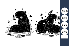 Black and White Capybara Families Pond Meadow Vector Product Image 1