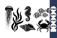 Black Marine Silhouette Vector Set with Jellyfish &amp; Seahorse Product Image 1