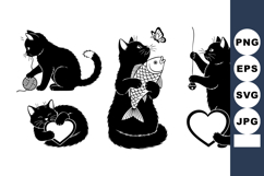 Cute Black Cat Silhouettes Playing with Fish and Hearts Product Image 1