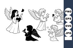 Cute Cherub Line Art Clipart Set - Hearts &amp; Birds Product Image 1