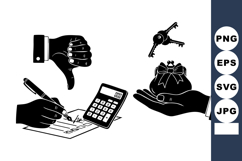 Monochrome Finance Icons Thumbs Down, Contract, Keys Product Image 1