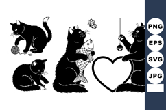 Playful Black Silhouette Cats with Heart Yarn Fish Product Image 1