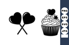 Monochrome Cupcake with Heart Topper and Crossed Lollipops Product Image 1