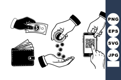 Monochrome Wallet Cash And QR Payment Icons Product Image 1