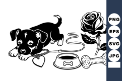 Tattoo Flash Black &amp; White Puppy with Rose, Bone, Leash Product Image 1