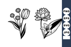 Hand Drawn Line Art Bouquet Set: Tulip, Daisy, Lotus, Lily Product Image 1