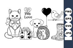 Cute Line Art Pets Bundle Cat, Puppy, Hedgehog &amp; Bird Product Image 1
