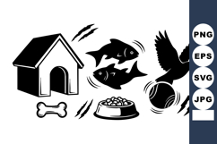 Bold Black Pet Icon Set - Doghouse, Bird, Fish, Bowl, Bone Product Image 1