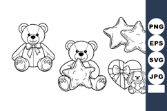 Teddy bear and star pillow coloring page vector set Product Image 1