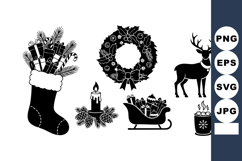 Monochrome Flat Christmas Icons: Stocking, Wreath, Reindeer Product Image 1