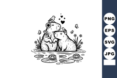 Line Art Romantic Capybara Couple Cuddling in Pond Product Image 1