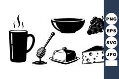 Minimal Black White Breakfast Icons - Mug, Honey, Cheese Product Image 1