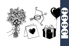 Monochrome Valentine Vector Set Roses Cupid Balloon Gift Product Image 1
