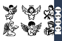 Black and White Child Angel Tattoo Flash Line Art Set Product Image 1