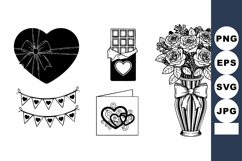 Romantic Valentine Line Art Icons - Heart Box &amp; Roses Product Image 1