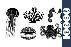 Black Tattoo Flash Vector Set: Jellyfish Octopus Seahorses Product Image 1