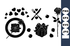 Romantic Black Silhouette Roses Hearts Gift Icon Set Product Image 1