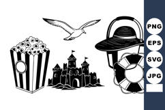 B&amp;W Beach Icons: Seagull Popcorn Castle Hat Lifebuoy Product Image 1