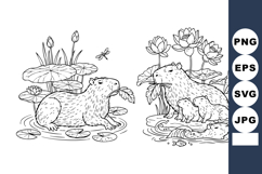 Whimsical Capybara Family in Lotus Pond Line Art Product Image 1