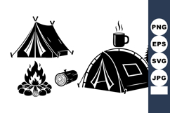 Monochrome Flat Camping Icons: Dome Tent, Ridge Tent, Mug Product Image 1