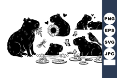 Playful Flat Capybara Vector Set with Sunflower Pond Product Image 1
