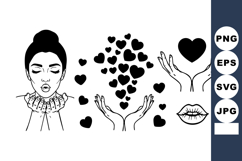 Minimal Black White Line Art Valentine Woman Hearts Vector Product Image 1