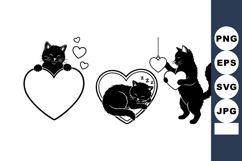 Cute Flat Black Cat Silhouettes with Hearts and Ornaments Product Image 1